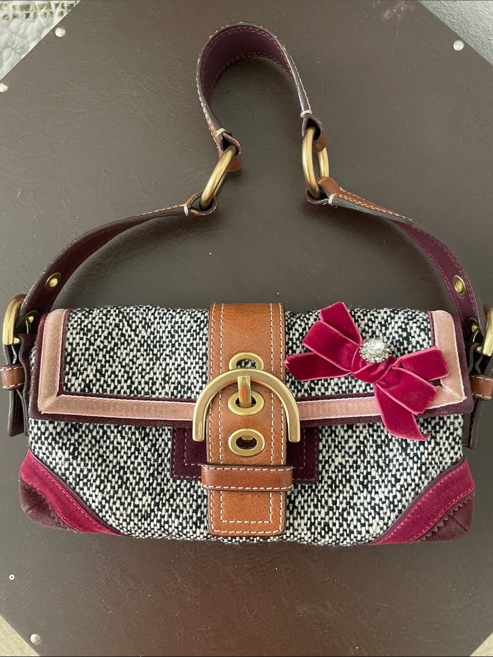 Tweed and Suede Accent Shoulder Bag in Burgundy and Tan